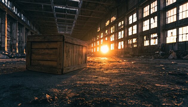 Large wooden crate in a decaying industrial building at sunset