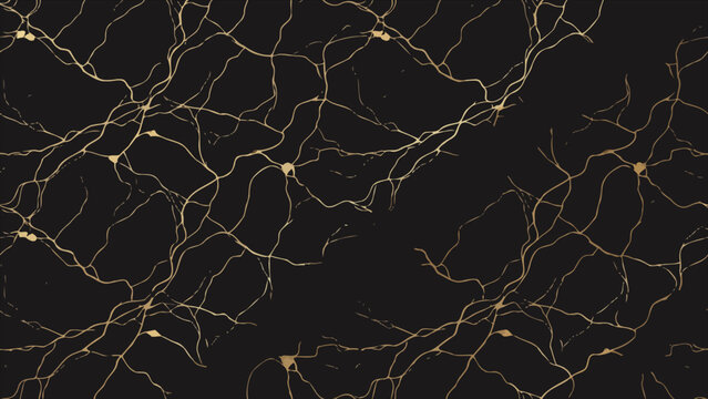 Seamless pattern of abstract golden marble veins on black background