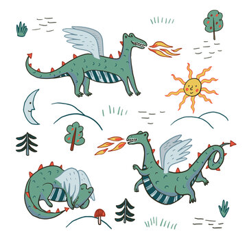 Cute Hand Drawn Dragon illustrations set with Fairy Tale Symbols