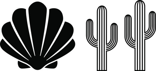 Seashell and Cactus Silhouette Icon Set Isolated on Background Coastal and Desert Nature Symbols © Mst