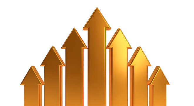Set of rising golden arrows on a white background representing growth and success with business marketing direction progress performance strategic objective increase development investment