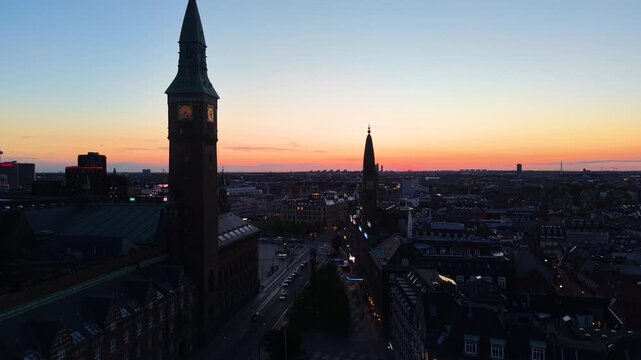 Drone view of Copenhagen city center after sunset