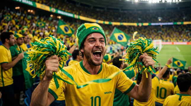 Excited Brazilian football fan cheering with arms raised during World Cup match