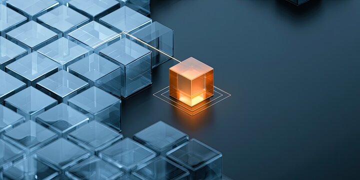 A single glowing orange cube stands out against a grid of translucent blue cubes