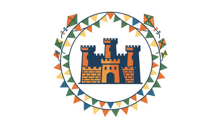 A stylized illustration of a medieval castle surrounded by a festive circular garland of colorful pennants and kites. © Dary_Hamidudin