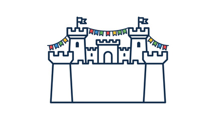 A festive medieval castle illustration with colorful bunting flags. © Dary_Hamidudin