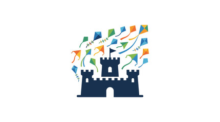 A dark blue castle silhouette surrounded by a colorful swarm of flying kites. © Dary_Hamidudin