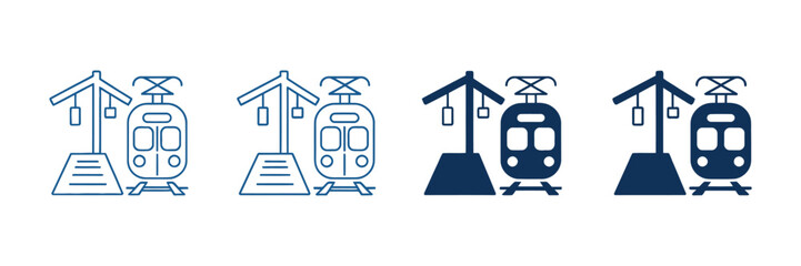 Railway outline icon set featuring high-speed train designs and train depot symbols for transport illustration, representing railway infrastructure, public transportation systems, commuter travel,  © Mizu Ahmed 2