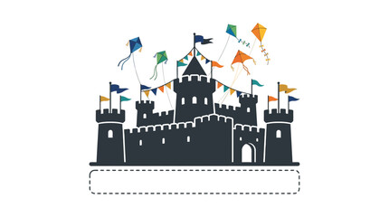 A dark silhouette of a medieval castle decorated with colorful flying kites and festive bunting. © Dary_Hamidudin