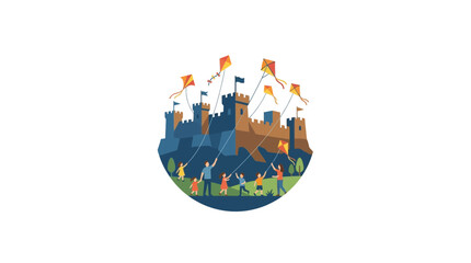 A whimsical illustration of a medieval stone castle surrounded by flying kites and people in a circular frame. © Dary_Hamidudin