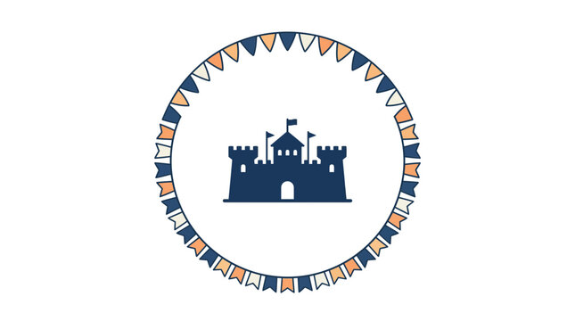 A circular emblem featuring a dark blue castle silhouette surrounded by a decorative bunting border.