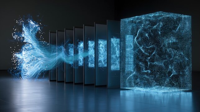 Flowing blue particles transform from wave to organized cube