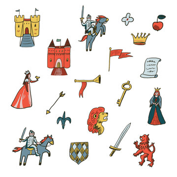 castles crone medieval objects doodle illustrations set