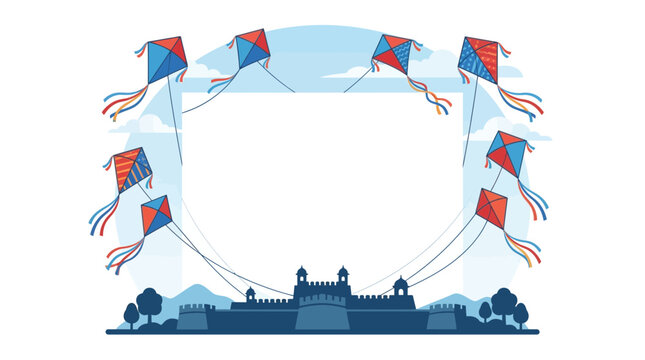 A collection of colorful kites flying in the sky above a historic fort silhouette.