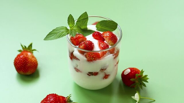 Fresh berry parfait with mint on green backdrop