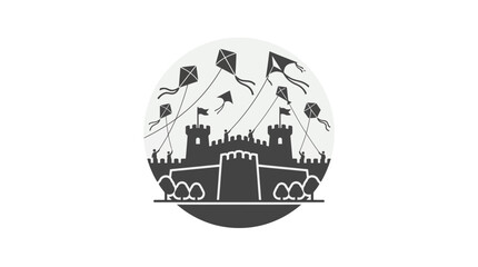 A stylized circular graphic featuring a medieval castle silhouette with several kites flying above it. © Dary_Hamidudin