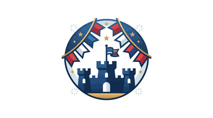 A stylized circular emblem featuring a dark blue castle decorated with festive bunting flags. © Dary_Hamidudin