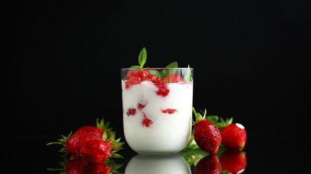 Fresh strawberry yogurt dessert with floating berries on black background