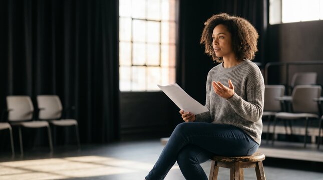 Young Black woman speaking while sitting on stool in theater, Actor rehearsing lines on stage  