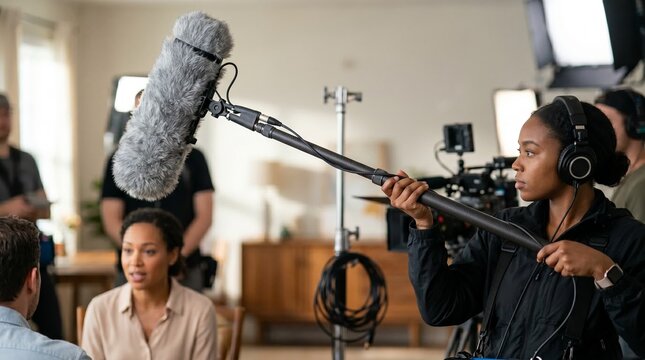 Female sound technician recording audio during video production session, Boom microphone in shot  