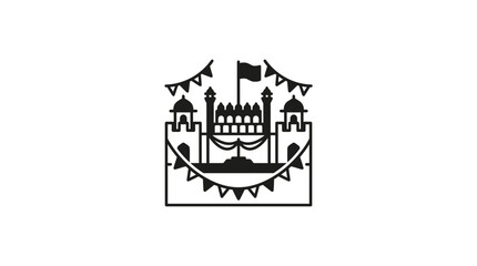 Minimalist black and white line art illustration of a festive castle with bunting flags. © Dary_Hamidudin