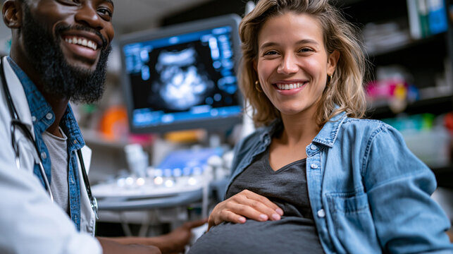 Doctor performing ultrasound examination on pregnant woman in clinical setting, monitoring fetal development with medical imaging technology