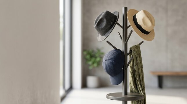 Hat rack freestanding, Stylish hats displayed on a modern coat rack in a bright interior  