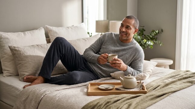 Relaxed black Man resting on bed with tea tray