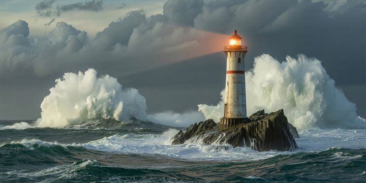 Lighthouse on a rocky island facing a stormy ocean with crashing waves under dark clouds