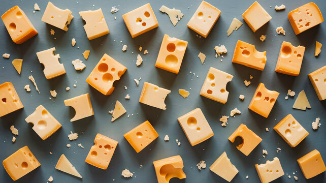 Scattered blocks and slices of swiss cheese with holes forming a pattern on a gray background