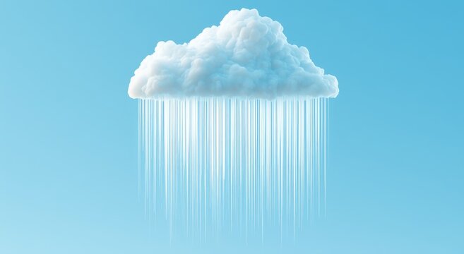 Fluffy cloud raining bright, thin streaks of water against blue sky
