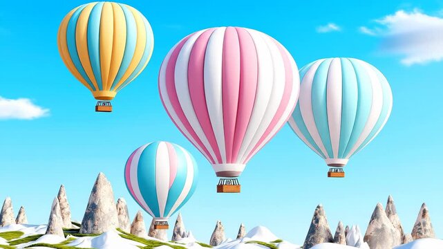 Colorful hot air balloons soar above a scenic, mountainous landscape against a clear, sunny sky. Each balloon displays a unique stripe pattern and color combination, enhancing the vibrant display