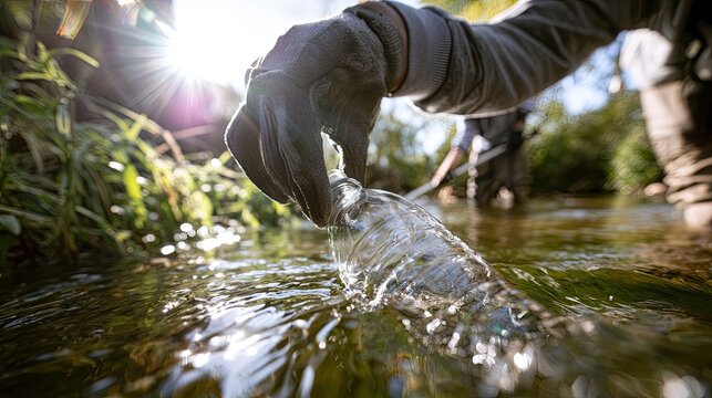 Hand in glove retrieves plastic bottle from sunlit stream