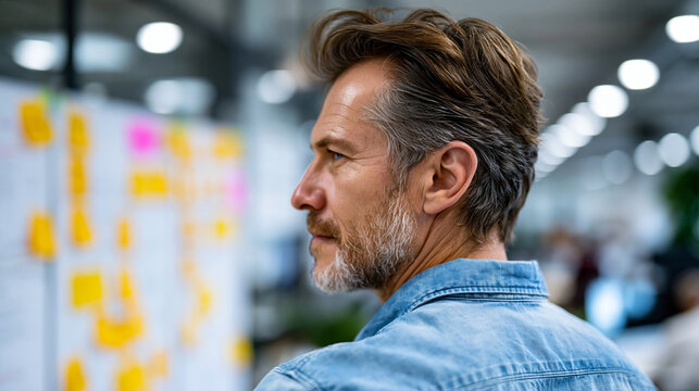 A European manager viewed from behind reviews softly a bright workflow board organizing calm team tasks in a modern office in soft daylight, workflow board, faceless back view, bri
