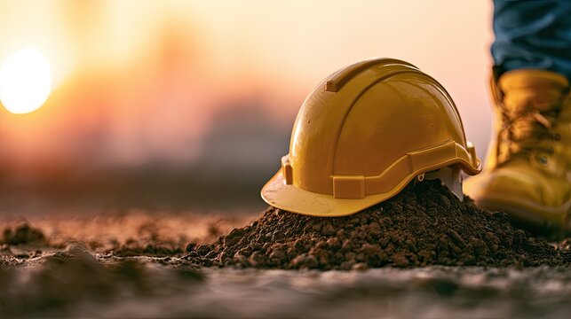 Yellow hard hat rests on dirt pile at sunset with worker's boots