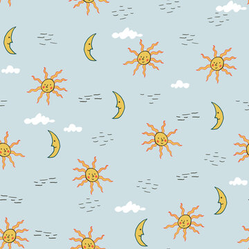 Hand Drawn Celestial Seamless Pattern with Smiling Suns and Crescent Moons
