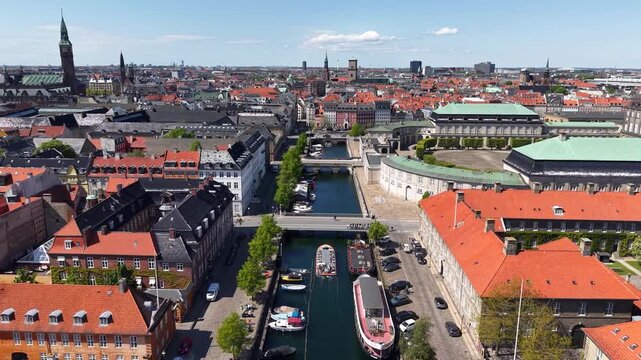 Flight over canal in in Copenhagen city center, Denmark