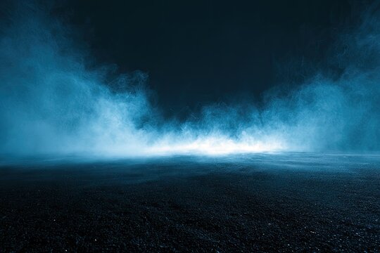 Ethereal blue mist envelopes a dark, textured ground with a bright horizon