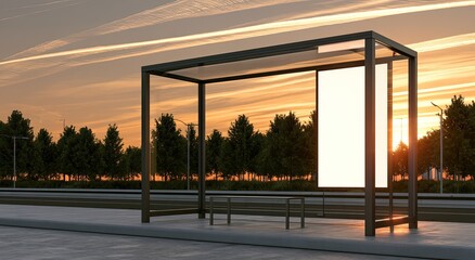 Fototapeta premium A bus stop shelter with a blank advertisement board at sunset