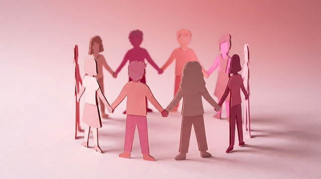 Paper cutouts of people holding hands in a circle representing unity and community
