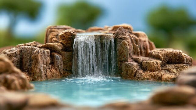 Miniature cascading waterfall flows into a tranquil, clear pool surrounded by rocks
