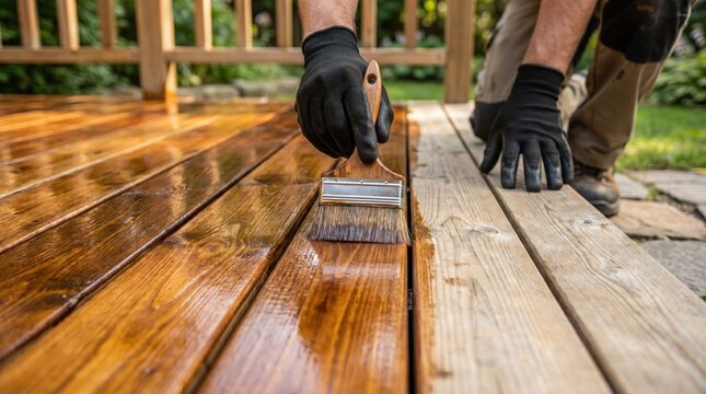 Applying protective wood stain on outdoor deck boards. Home improvement, deck restoration, wood maintenance, exterior renovation, surface protection and DIY woodworking project concept