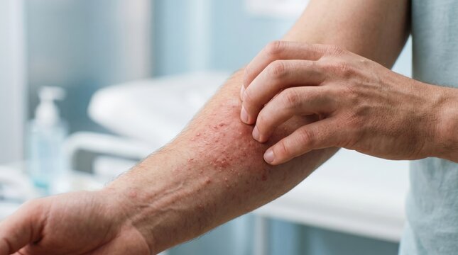 Close-up of allergic skin rash on human arm with itching and inflammation. Dermatology, eczema, dermatitis, skin allergy, allergic reaction, healthcare, diagnosis, treatment and chronic skin disease