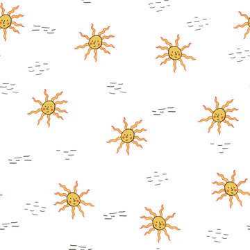 Hand Drawn Celestial Seamless Pattern with Smiling Suns 