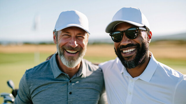 Professional sport stock photo of two young golfers chatting and laughing on the course, one pointing at the flag, sunny open fairway, teamwork and recreation concept, wide shot, n