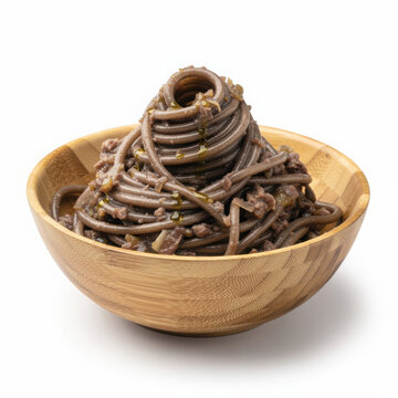 Bigoli in Salsa in Bamboo Bowl Isolated on White Background Square Composition Studio Shot