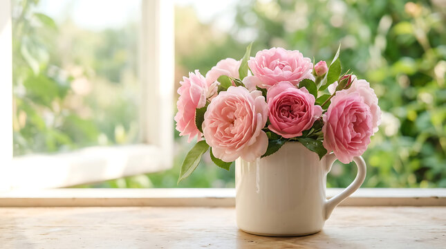 Pink rose petals with soft blooms in a white ceramic mug on a bright morning sunny wooden windowsill