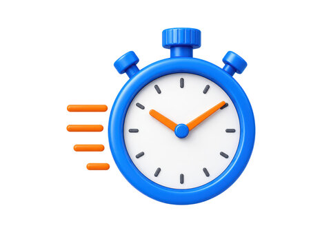 Blue stopwatch 3d icon with speed motion lines for time management and fast delivery logo.