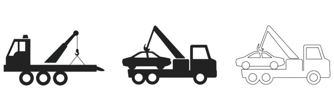Tow Truck Icon Set with car towing service and roadside assistance symbols, emergency recovery vehicle icons, automotive support graphics, vector design elements for transport aid services