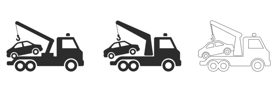 Tow Truck Icon Set featuring car towing and roadside assistance symbols, emergency vehicle support graphics, transport recovery service icons, vector illustration elements for automotive help design